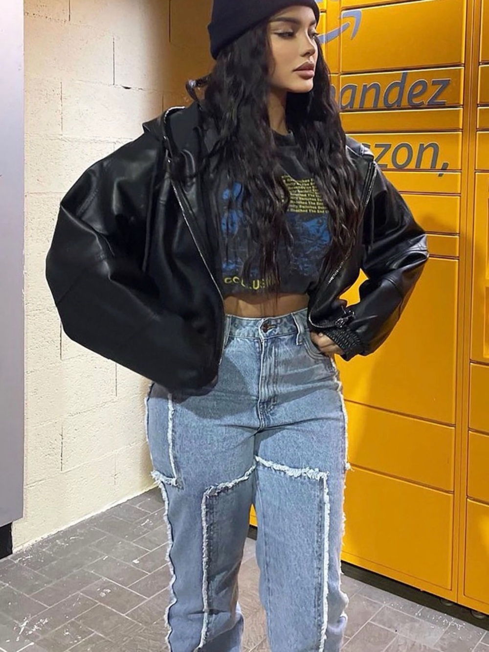 Fashion Nova Black Faux Leather Oversized Cropped Jacket with Hood